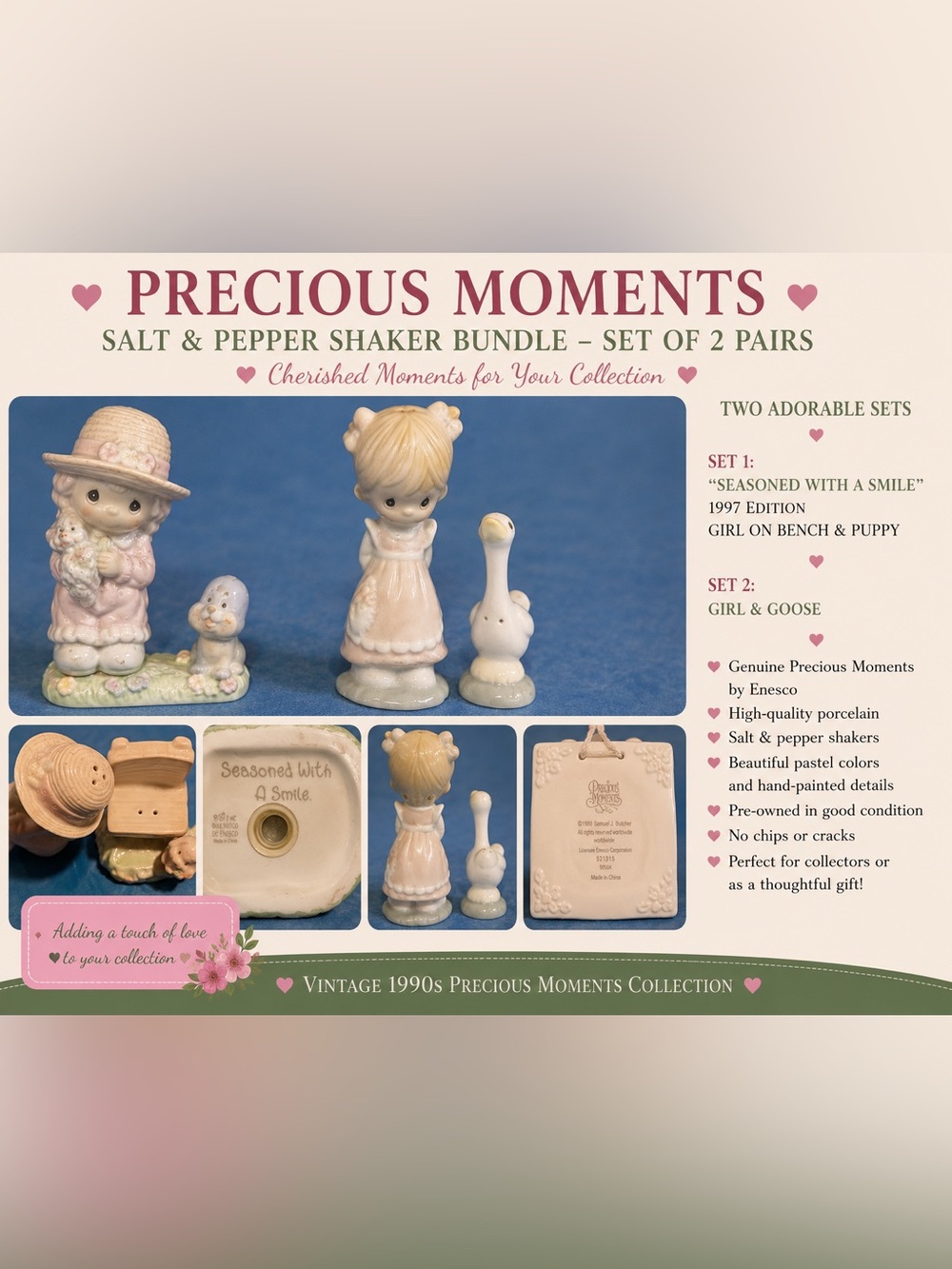 Precious Moments Salt Pepper Shaker Set 2 Pairs Girl Goose Puppy Bench Vintage⁠